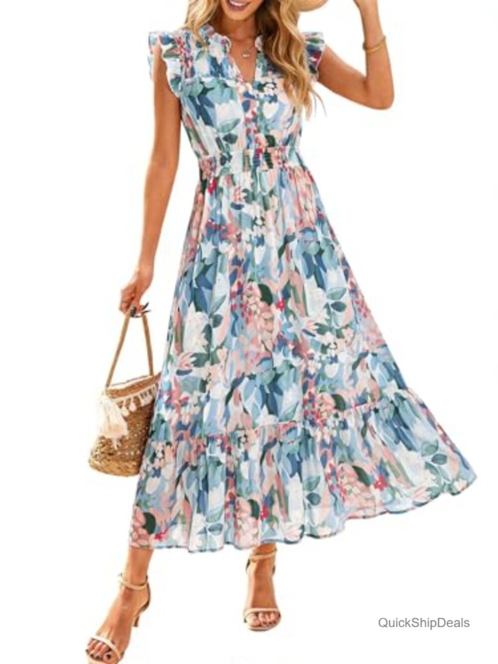 Women's Floral Maxi Dress V Neck Flutter Sleeve Boho Summer Beach